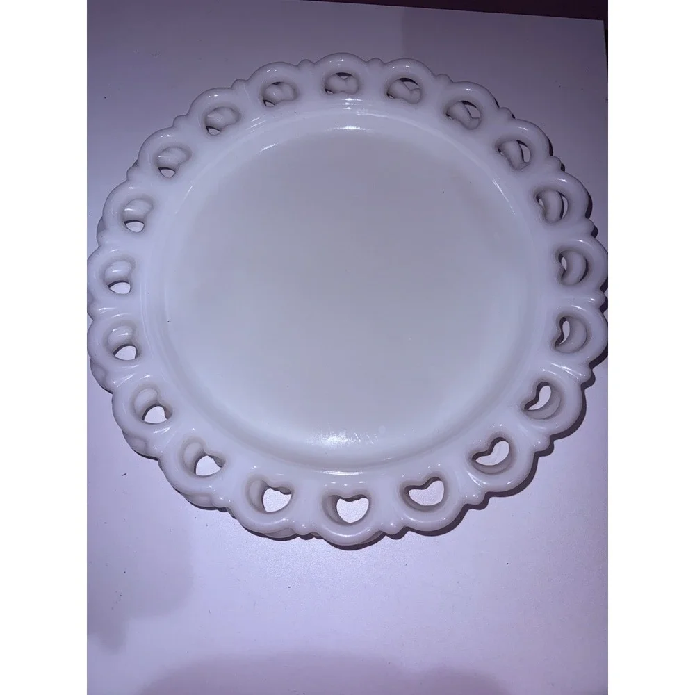 3 VTG MCM Anchor Hocking White Milk Glass Open Heart Lace 12.5